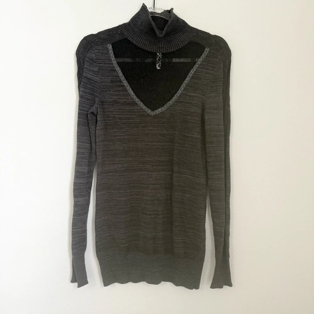 Free People Lace Insert Turtleneck Sweater Gray Metallic Stretch Pullover Size M